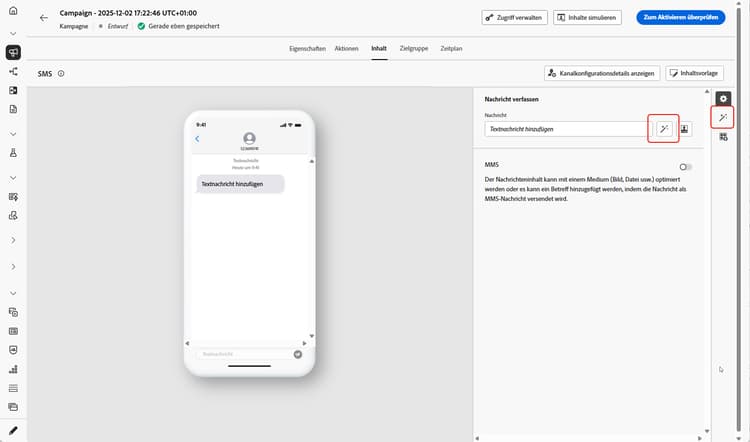 SMS-Nachrichten-Editor mit geöffnetem Panel „KI-Assistent“