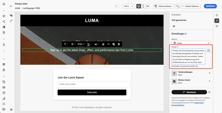 KI-Assistenten-Textgenerierung für Landingpage mit Eingabeaufforderungsfeld und Eingabeaufforderungsbibliothek-Schaltfläche