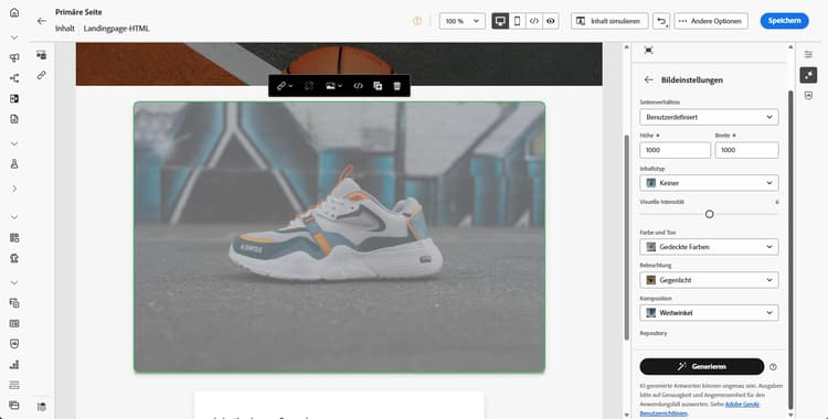 Bildeinstellungen für Landingpages mit Seitenverhältnis, Inhaltstyp, visueller Intensität, Farbe und Ton, Beleuchtung und Komposition