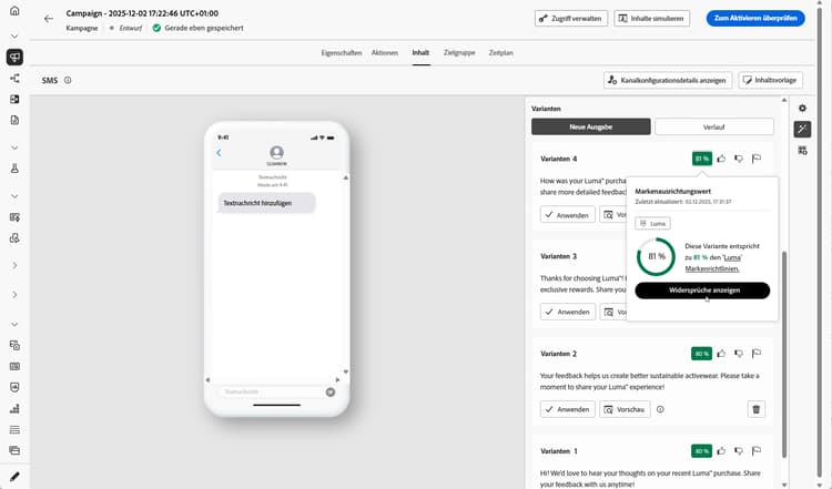 Generierte Textvarianten mit Markenausrichtungswert