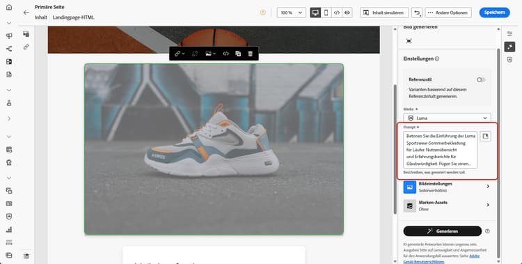 KI-Assistent für die Bildgenerierung für Landingpages mit Umschalter für Referenzstile, Eingabeaufforderungsfeld und Eingabeaufforderungsbibliothek