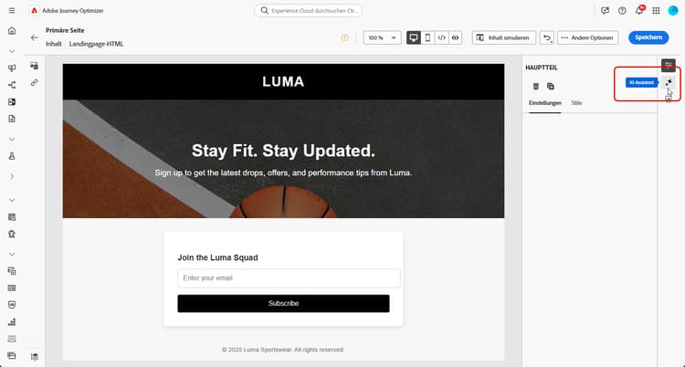 Landingpage-Designer mit Bedienfeld „KI-Assistent“ für die Erstellung vollständiger Seiteninhalte geöffnet