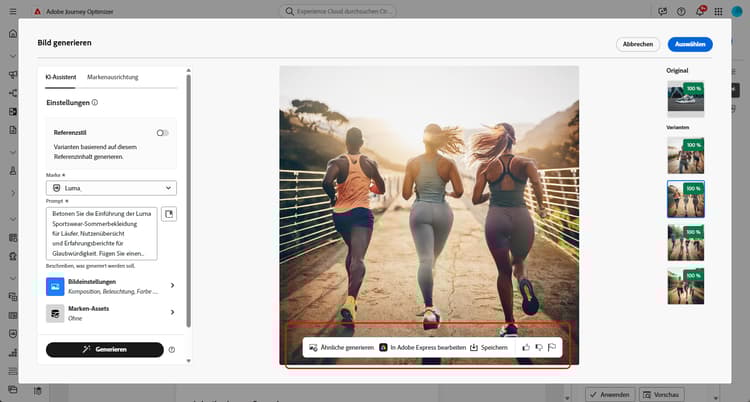 Optionen für Landingpage-Bilder verfeinern, die die Schaltflächen „Ähnlich generieren“, „In Adobe Express bearbeiten“ und „Speichern“ anzeigen