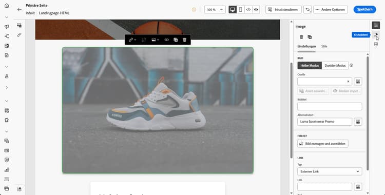 Landingpage-Designer mit ausgewähltem Bild-Asset und geöffnetem Bedienfeld „KI-Assistent“ für die Bildgenerierung