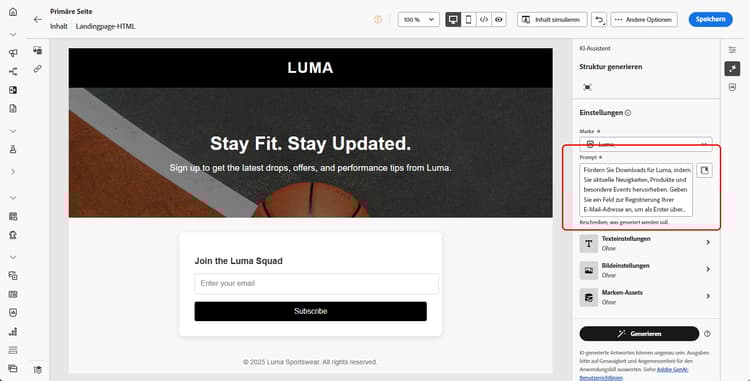 KI-Assistent für Landingpages mit Eingabeaufforderungsfeld und Eingabeaufforderungsbibliothekszugriff für die vollständige Seitenerstellung