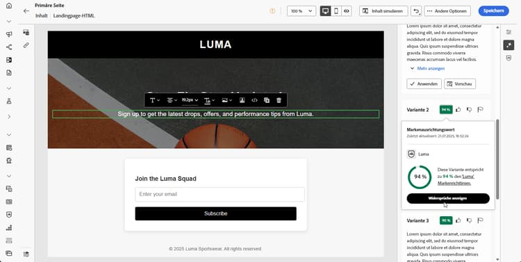 Auf der Landingpage generierte Textvarianten mit Prozentsatz und Auswahloptionen für die Markenausrichtung