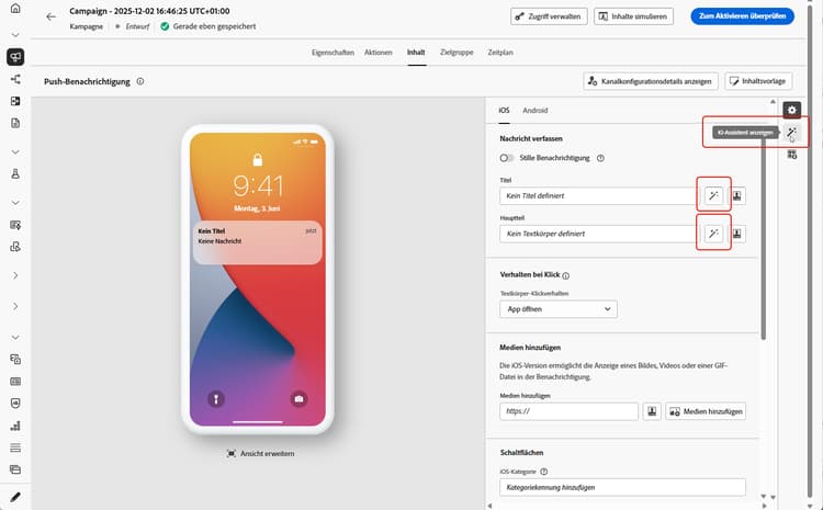 Kompositionsbildschirm für Push-Benachrichtigungen mit der Schaltfläche „Text mit KI-Assistent bearbeiten“