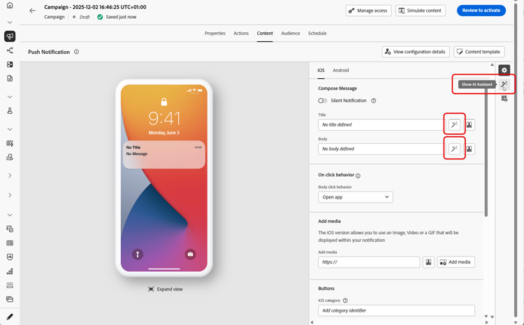 Kompositionsbildschirm für Push-Benachrichtigungen mit der Schaltfläche Text bearbeiten mit KI-Assistent