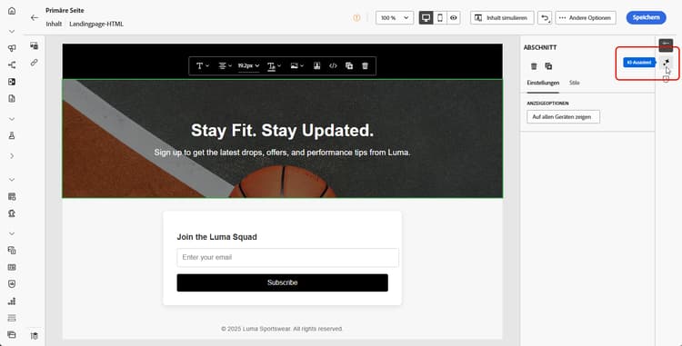 Landingpage-Designer mit ausgewählter Textkomponente und KI-Assistentenfeld für die Texterstellung