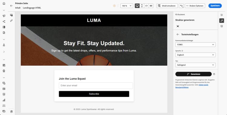Bedienfeld Texteinstellungen für die Landingpage mit Kommunikationsstrategie, Sprachen und Tonoptionen