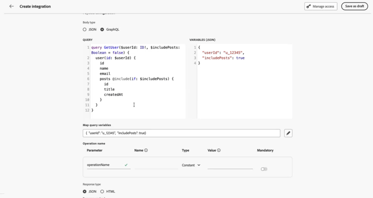 GraphQL-Payload mit generiertem Vorgangsnamen und Zuordnung von Abfragevariablen