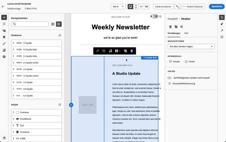 E-Mail-Designer in Journey Optimizer mit konvertierter Vorlage als modulare Inhaltskomponenten für die Bearbeitung
