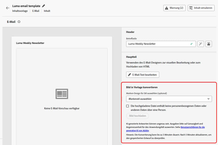Editor für E-Mail-Inhaltsvorlagen in Journey Optimizer mit Abschnitt „Bild in Vorlage konvertieren“