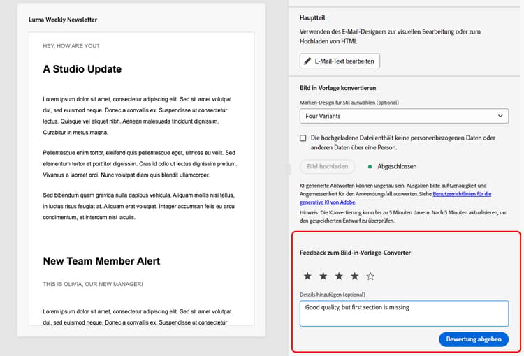 Feedback-Abschnitt in Journey Optimizer mit einem Textbereich für Ihre Meinung und Vorschläge