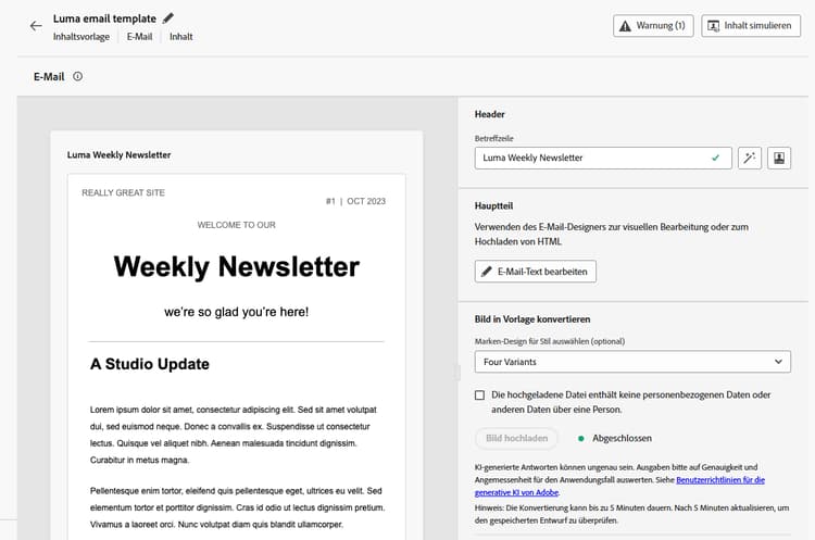 E-Mail-Inhaltsvorlage mit während der Bildkonvertierung generiertem Entwurf
