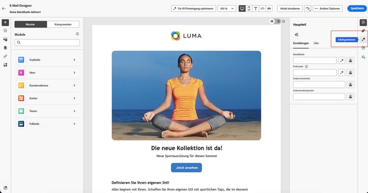 Panel „Inhalt erzeugen“ mit Markenauswahl und Feld „Prompt“