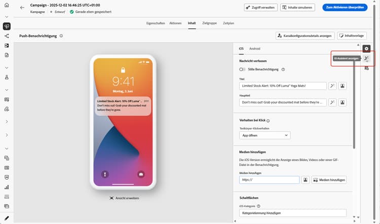 Screenshot mit dem Menü „Inhalt generieren“ ​