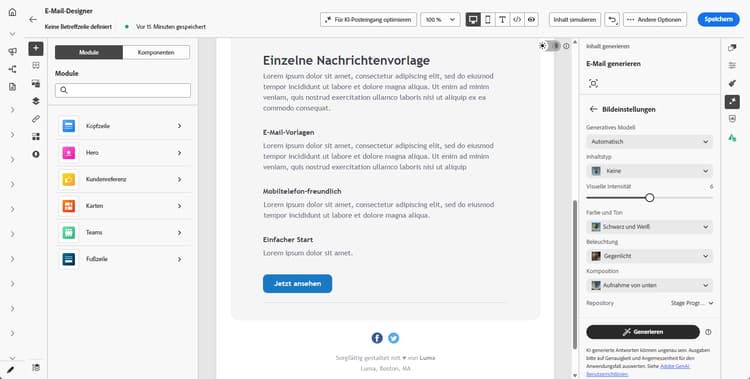 Panel für Bildeinstellungen mit Optionen „Content-Typ“, „Visuelle Intensität“, „Farbe und Ton“, „Beleuchtung“ und „Komposition“