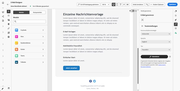 Panel für Texteinstellungen mit Optionen „Kommunikationsstrategie“, „Sprachen“ und „Ton“