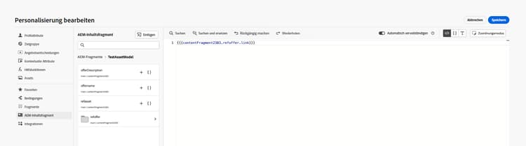 Personalisierungsausdruck in Journey Optimizer, der das Textfeld des Inhaltsfragments als Bildquelle verwendet.