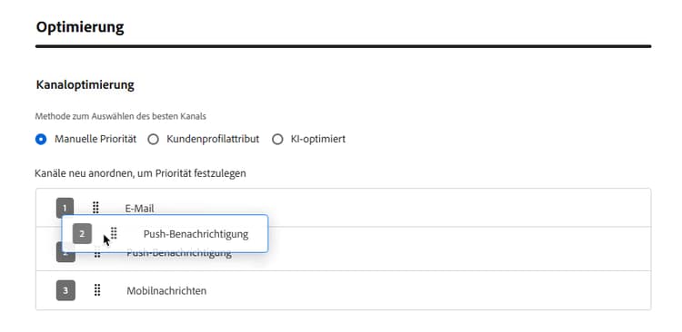 Neuanordnung der Kanaloptimierung über manuelle Rangfolge