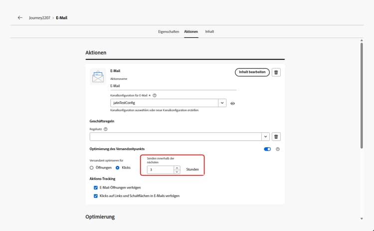 Umschalter für die Optimierung des Versandzeitpunkts in der Konfiguration des E-Mail-Kanals