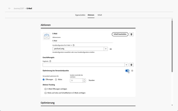 Umschalter für die Optimierung des Versandzeitpunkts in der Konfiguration des E-Mail-Kanals