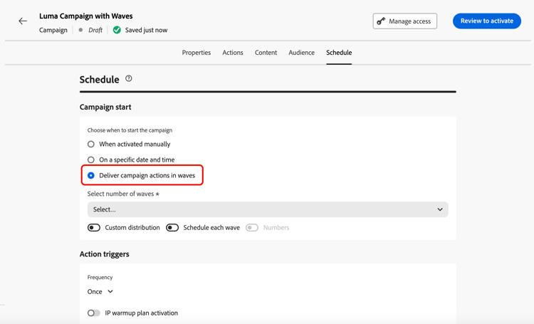 Registerkarte Kampagnenzeitplan mit ausgewählter Option Kampagnenaktionen in Schüben versenden