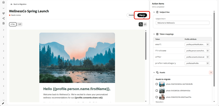 Schaltfläche „Migrieren“ und Option „In Journey Optimizer anzeigen“ für eine abgeschlossene E-Mail