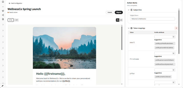 Importierter E-Mail-Editor mit Betreffzeilenfeld und Personalisierungs-Platzhalterzuordnung