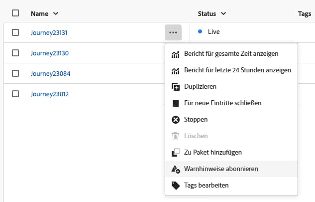 Abonnieren eines Warnhinweises für eine bestimmte Journey