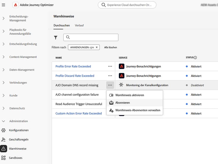 Abonnieren eines Warnhinweises