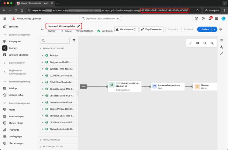 Speicherort der Journey-ID im Panel „Journey-URL“ oder „Eigenschaften“