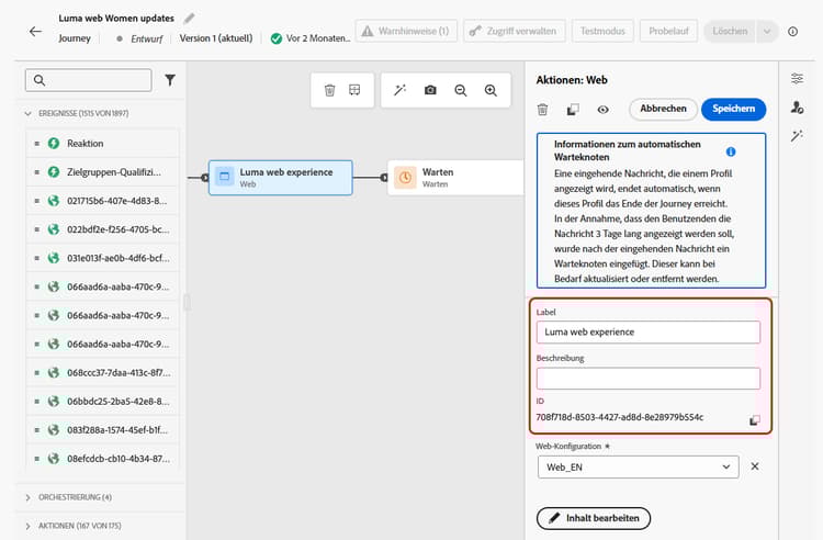 Aktions-ID im Panel zur Konfiguration von Aktivitäten der Code-Ansicht