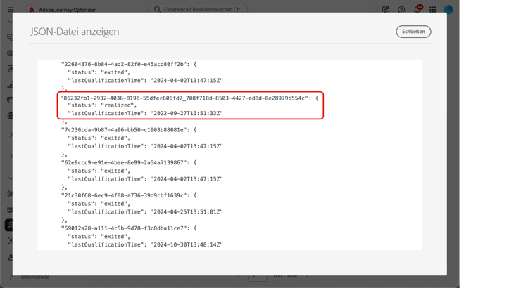 Profil-JSON mit realisierter Zielgruppenzugehörigkeit mit Zeitstempel