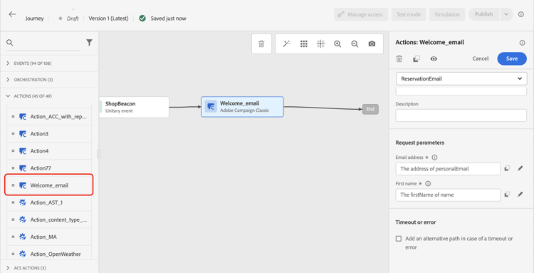 Aktionskonfigurations- und Integrationseinstellungen für Adobe Campaign v7/v8
