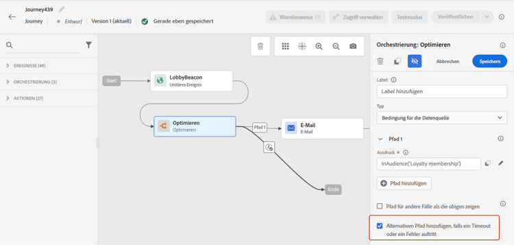 Option „Alternativen Pfad hinzufügen“ in den Eigenschaften der Bedingungsaktivität