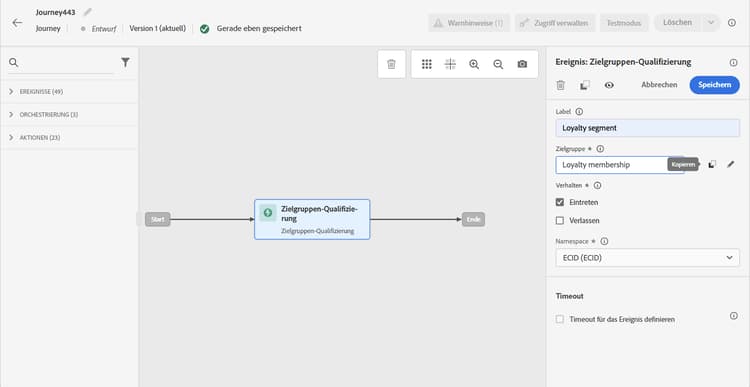 Schaltfläche „Kopieren“ zum Kopieren von Zielgruppenname und -ID im JSON-Format