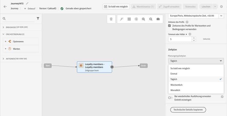 Dropdown-Liste „Planungstyp“ mit Häufigkeitsoptionen: einmal, täglich, wöchentlich, monatlich