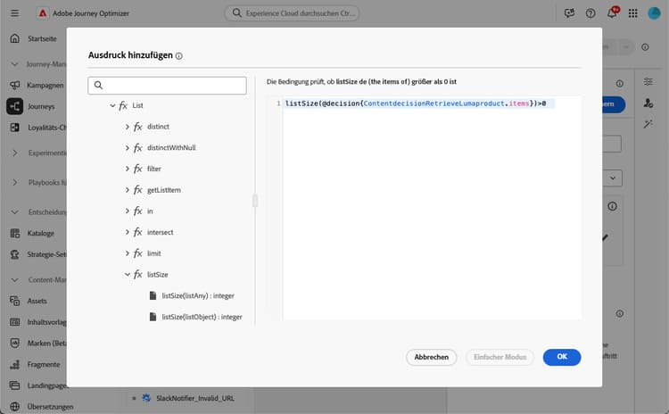 Hinzufügen einer Bedingung mit Liste