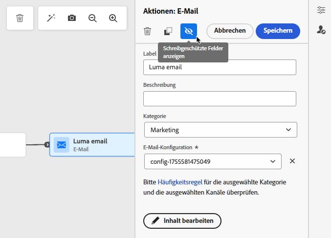 Symbol „Schreibgeschützte Felder anzeigen“ in den Eigenschaften der Journey-Aktivität