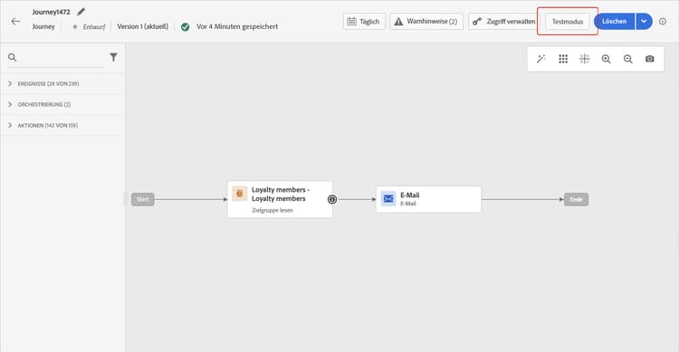 Benutzeroberfläche des Testmodus für die Aktivität „Zielgruppe lesen“ mit Testprofilauswahl