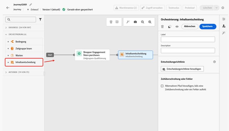 Hinzufügen einer Inhaltsentscheidung zur Journey