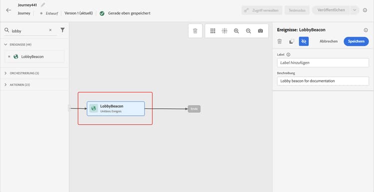 Ablegen einer Ereignisaktivität per Drag-and-Drop im Journey-Designer
