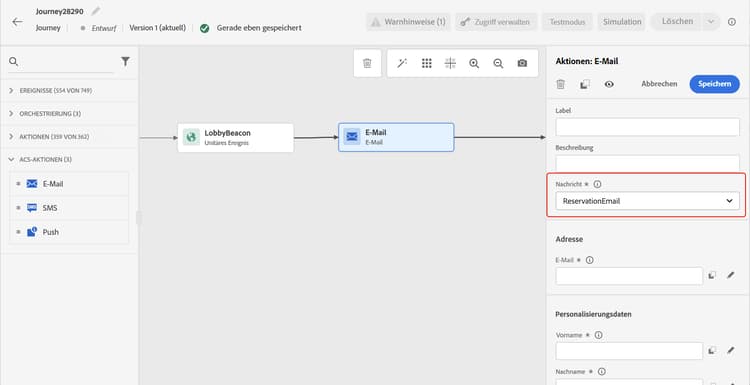 Adobe Campaign Standardaktionskonfiguration in Journey