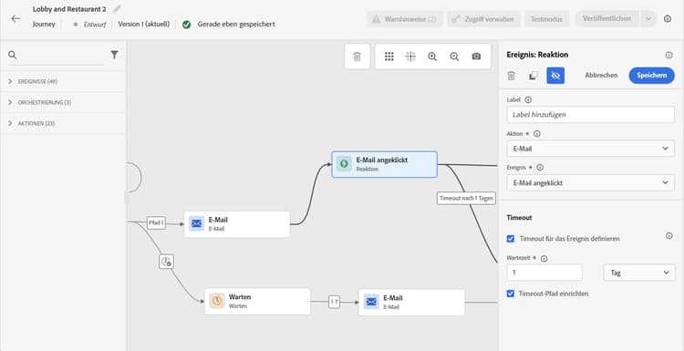 Konfiguration des Reaktionsereignisses mit Optionen zur Kanalauswahl und zum Ereignistyp