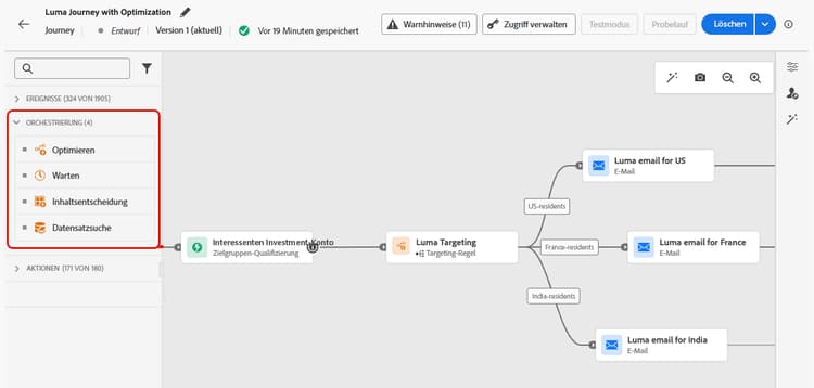 Palette „Orchestrierungsaktivitäten“ im Journey-Designer