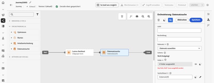 Adobe Experience Platform Datensatzsuchaktivität in Journey