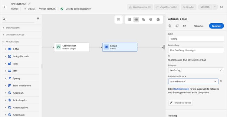 Dropdown-Liste „Aktionsaktivität hinzufügen“ mit verfügbaren Kanaloptionen