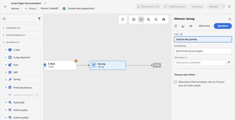 Dropdown-Liste zur Auswahl der Ziel-Journey in der Konfiguration der Sprungaktivität